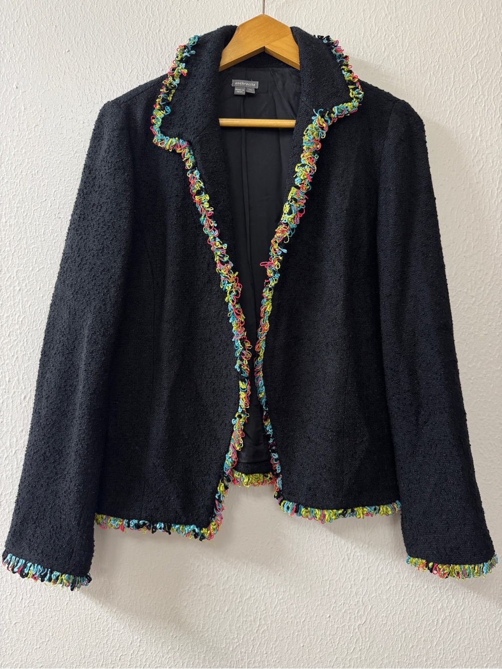 Anthracite Black Blazer with Multicolor Fringe Trim